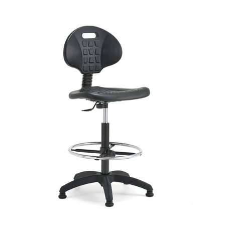 Verkstedstol KILDA Høy - Justerbar Arbeidsstol med Ryggstøtte - Svart Polyuretan, 560-740 mm - AJ Produkter