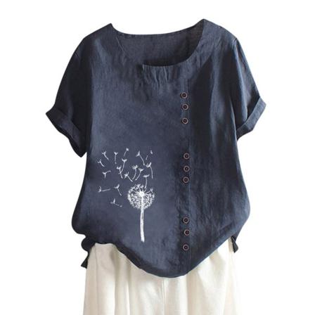 Casual Print T-shirt I Bomull Och Linne Med Maskrostryck