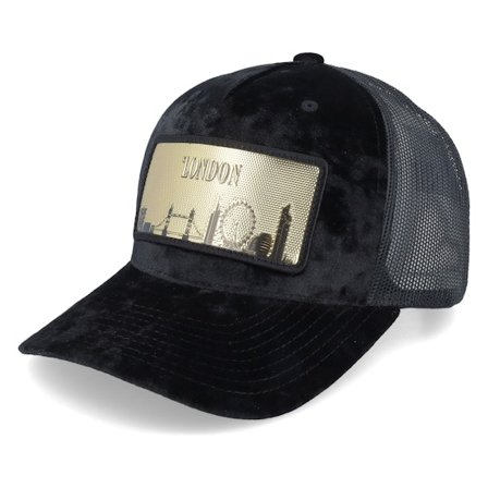 Calza Pennello - Zwart trucker Cap - London Gold Patch Velvet Black A-Frame Trucker @ Hatstore