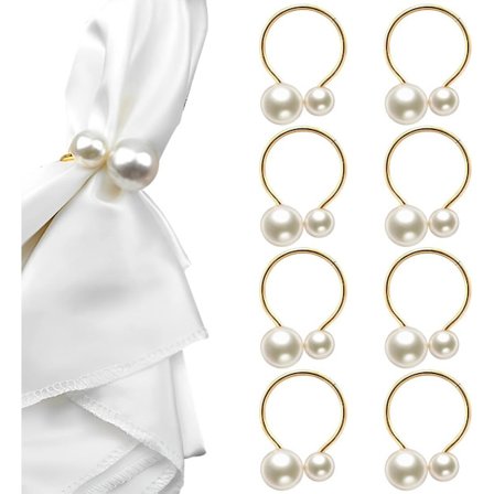 Dette 8-delte servietringsæt inkluderer bryllupsservietringe, hver prydet med to perler og et metaldesign.