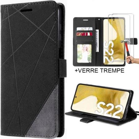 Flip Case Cover med 2 härdade glasögon till Samsung Galaxy S22 - Svart lädereffekt Svart