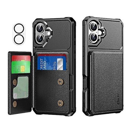 Til iPhone 16 Wallet Kort Slot Holder PU Læder + Bagside Telefon Cover med Kameralinse Film (Sort)