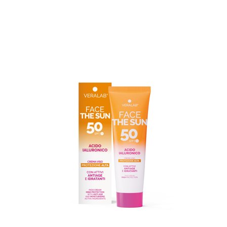 Veralab FACE THE SUN ACIDO IALURONICO - Crema viso SPF50 con attivi antiage e idratanti 50ml - Solare viso alta prot.