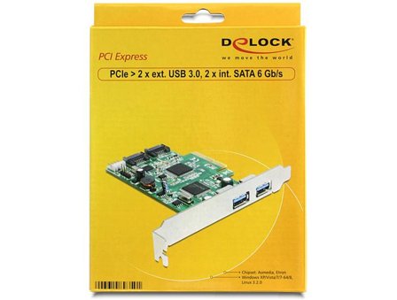 Delock PCI Express Card > 2 x external USB 3.0, 2 x internal SATA 6 Gb/s - lager / USB3.0-kontroller - USB 3.0 / SATA 6Gb/s - PCIe 2.0 x4
