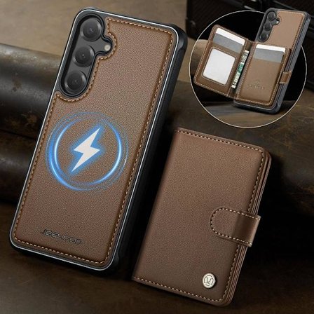 (Til Samsung Galaxy S25FE) 2-i-1 magnetisk tegnebogs etui til mobiltelefon med kortlommer, stativ og RFID-beskyttelse til MagSafe-enheder