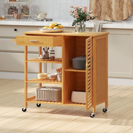 COSTWAY Bambus Køkkenvogn, Skuffe, 3 Åbne Hylder, Enkel Dør, Håndklædeholder, Låselige Hjul, til Stuen