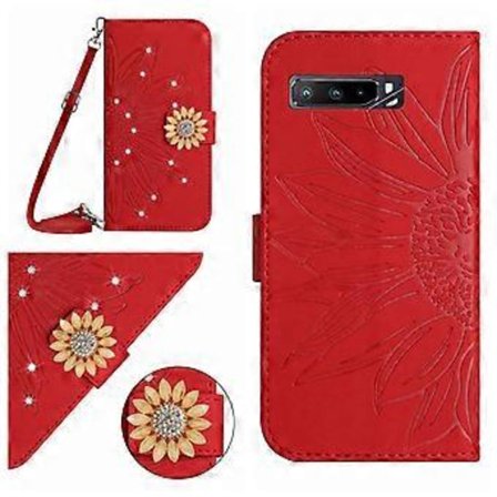 Kompatibel med ASUS ROG Phone 3 Präglad Solros med Diamanter Magnetisk Korthållare Plånboksfodral med Axelrem - Röd