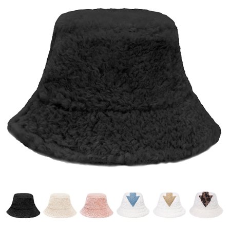 Vinterbøttehatt med pels - Dame fluffy fiskehatt varm pile fleece lammeull bøttehatt lodden pelsmyk tykk bred brem plysjhatt for kvinner jenter