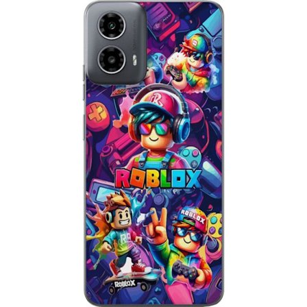 Kompatibel Mobilcover til Motorola Moto G34 Farverig Roblox gaming gruppe med hovedtelefoner, controllere og neonfarver perfekt til børn og gaming ent