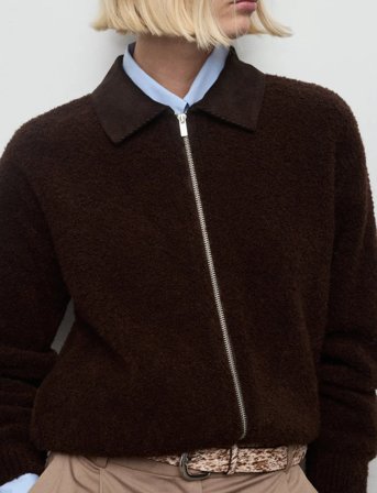Mango Bouclé Jacket With Corduroy Collar - Brown - M