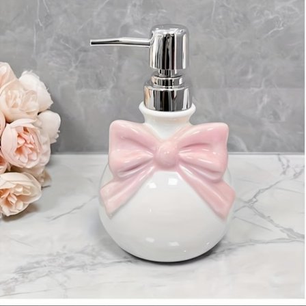 Kreativ pink sløjfe keramisk lotionflaske, hjemmeindretnings dispenserflaske, egnet til badeværelsesvaske, toiletter og dispensering af shower gel.