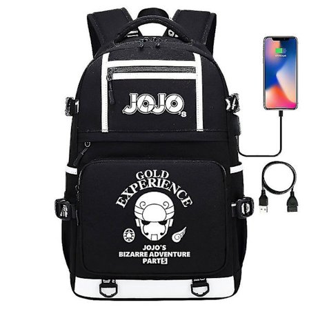 Svart Jojo's Bizarre Adventure USB-port Ryggsekk - Skolebok Studenter Utendørs Skulderveske Cosplay
