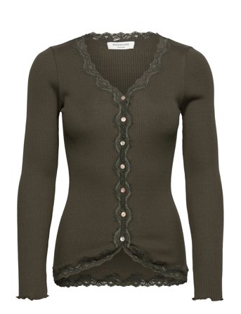 Rosemunde Rwbabette Silk Ls V-Neck Lace Cardi - Khaki green - S