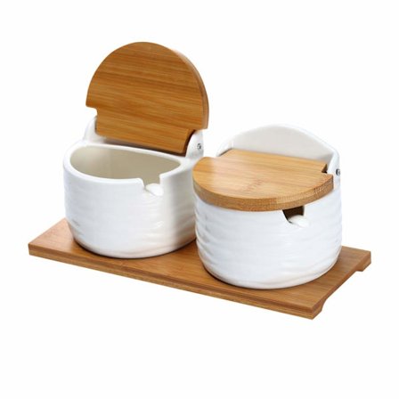 Keramisk sukkerskål med lokk og skjeer - Porselensbeholder for krydder, saltbeholder for kjøkken, med tavleetiketter