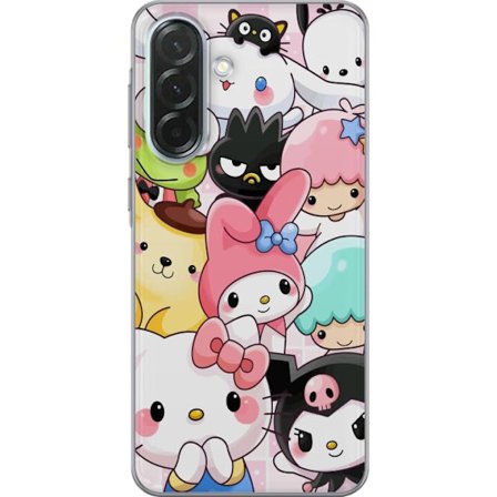 Kompatibelt Mobildeksel til Samsung Galaxy A36 Tett mønster av søte figurer med store øyne i ulike farger og uttrykk med LABUBU-tekst