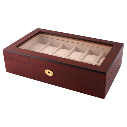 Lockable Gold-Tone & Cherry Wood Watch Case - 12 Watches for Men - Watch boxes