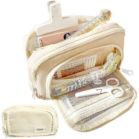 Højkvalitets (Beige) Penalhus med stor kapacitet, stor trelags lynlåspose til kontorartikler til teenagepiger og drenge S