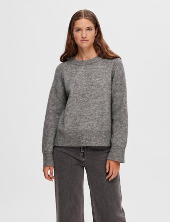 Selected Slfrena Ls Knit O-Neck Camp - Grey - S