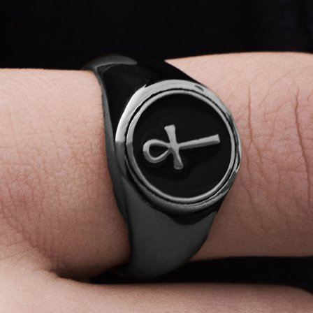 Anello con sigillo nero Ankh per uomini - Anelli con sigillo