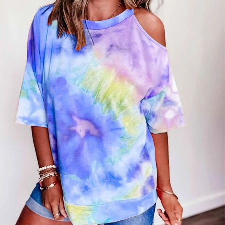Dame T-skjorte Tie-dye trykt løs topp kald skulderbluse