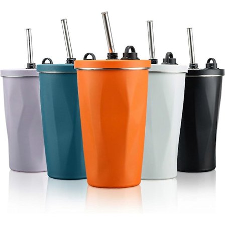 Kaffekrus i rustfrit stål, 590 ml vakuumisoleret kop i rustfrit stål med lækagesikkert låg og justerbar længde på sugerør, genanvendelige kaffekopper 