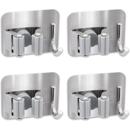 4X selvklebende verktøyholder med kostestativkroker, veggmontering for kjøkken, vaskerom, bad, universal hurtigfestehylle sølv