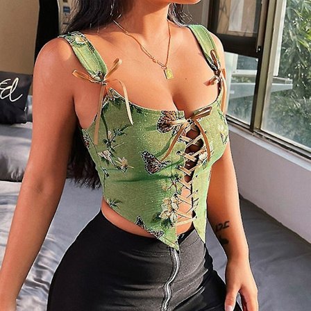Vintage Print Cross Bandage Tank Y2k Harajuku Bow Backless Corset Crop Tops Dam Estetisk E Girl Summer Camisole,green