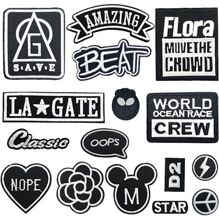 16 stk. dekorative broderte lapper, broderte lapper med slagord