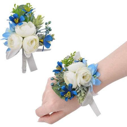 2 stk håndleddsblomster, kunstig bryllupshåndleddsblomst og knapphullssett brud håndblomst menn knapphull til bryllup, hvit og blå