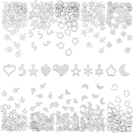 400 stk. 10 Stilarter Charms Vedhæng 201 Rustfrit Stål Hjerte Stjerne Måne Vedhæng 1,2-1,6 mm Hul Små Vedhæng Øreringe Dingle Charms Armbånd Vedhæng 