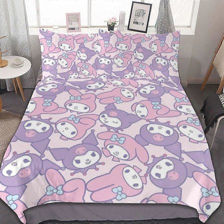 c87 Kuromi og My Melody Dynetrekksett 3-delt Sengesett Mykt Varmt og Komfortabelt Mykt Sengesett med 1 Dynetrekk og 2 Putetrekk for Soverom A