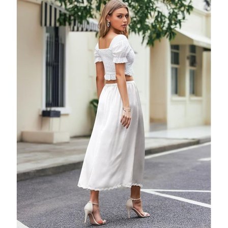 Hot Satin Halv Underkjole med Blonde til Kvinder, Lang Underkjole hvid hvid