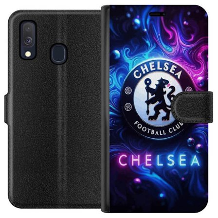 Kompatibelt Lommeboketui til Samsung Galaxy A40 Chelsea Football Club logo med blått og lilla neonlignende røykemønster i bakgrunnen