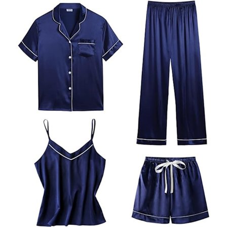 (Specialerbjudande) Dam 4-delad pyjamas i siden satin nattlinne sexiga pyjamas loungewear