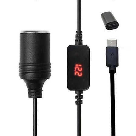 USB C PD Hona Typ C Hane till 12V Biluttag Strömkabel med Spänningsdisplay [Db]