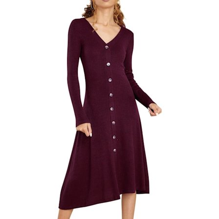 ivimos Dame Vinter Bomull Langermet V-hals Casual Knappelukking Strikket Genser Midi Kjole Burgunder X-Large