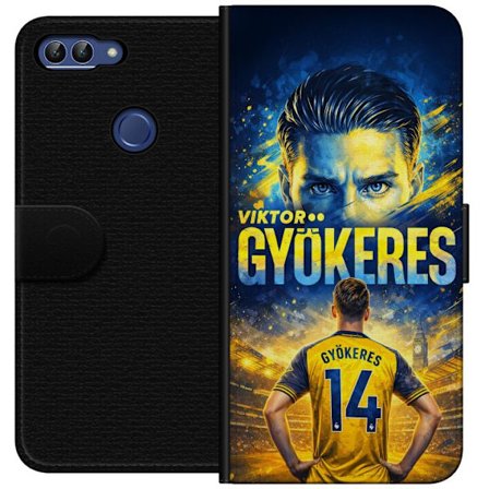 Yhteensopiva Lompakkokotelo Huawei Huawei P smart Viktor Gyökeres jalkapallojuliste keltaisella ja sinisellä värimaailmalla, dramaattinen stadionta