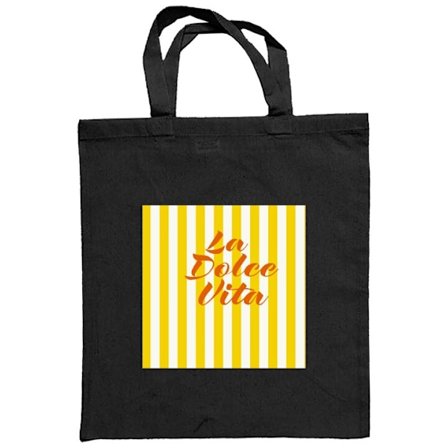 Kangaskassi La Dolce Vita juliste keltavihreä raidat italialainen teksti retro suunnittelu lainaus kuvio italialainen tyyli tuloste