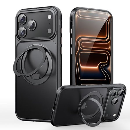 Kompatibel med iPhone 17 Pro, Magnetisk Matt Deksel, 360-graders Roterende Stativ, TPU + PC Deksel (Svart)