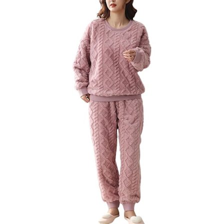 HAUFR Dame Fluffy Fleece Pysjamas Set 2 Del Varm Fleece Pyjamas Set Mykt Nattøy Langermet Crewneck Lommer Bukser -1