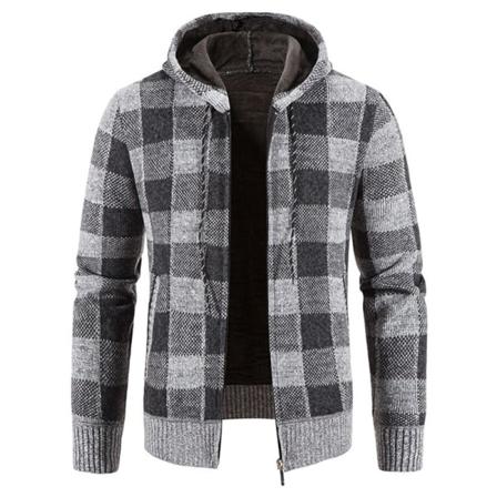 Män Rutig Hooded Neck Öppen Front Jacka Dragkedja Tjocka Ytterkläder