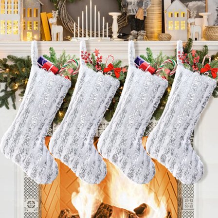 4-pack 50 cm Silver Bronzing Vita Fuskpäls Julstrumpor - Stora, Mjuka & Tjocka Plyschhängande Strumpor för Familjehelgen