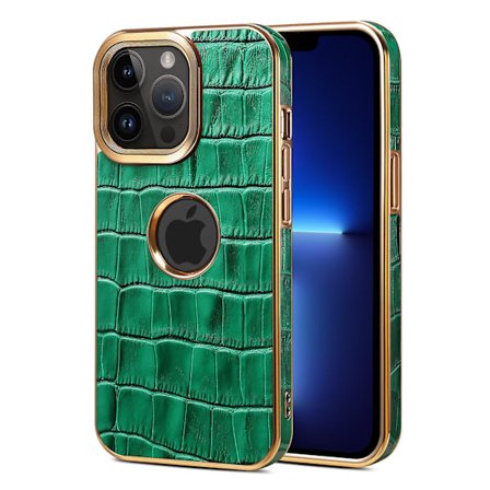 För Iphone 13 Pro Max Läderbelagd phone case Galvanisering Pc+tpu cover med logotypvy