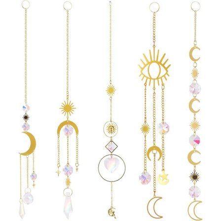 Set of 5 Crystal Pendant Sun Catchers, Crystal Sun Catcher Decoration, Crystal Prism Rainbow Wind Chime Hanging for Window Garden