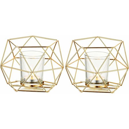 Gyllene ljusstake - Set med 2 bröllopsljusstakar mittpunkt för geometriska ljus Modern design för födelsedag Heminredning Metall -