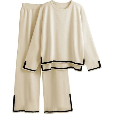 Dam 2-delade outfits Långärmad stickad tröja Topp Vida ben Byxor Lounge Set Träningsdräkter-lingling}