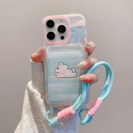 Fodral för iPhone 14PLUS/15PLUS korthållare kokosvalp med snodd grön tecknad hållare trans