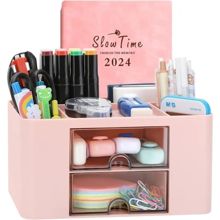 Luovallinen ja yksinkertainen työpöydän järjestäjä, 7 lokeroa, muovinen pöydän järjestäjä laatikolla, monitoiminen työpöydän järjestäjä, kynäteline 