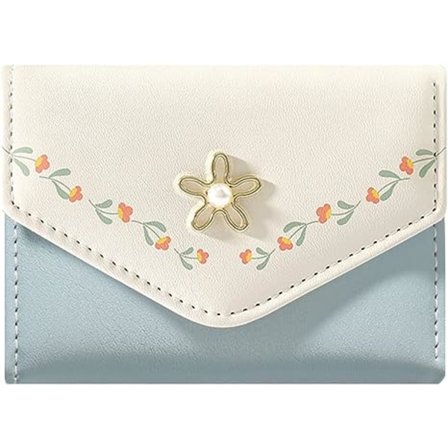Dame og jente lommebok Søt blomst Tri-Fold Lommebok PU Lær Veske Slank Kort Lommebok Liten Trifold Kontanter Kort Holder Veske (Blå)