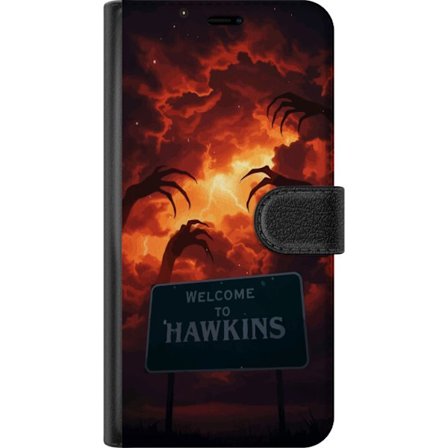 Kompatibel Tegnebogsetui til Motorola Motorola Moto G15 Mørkt horrormotiv med røde tordenvejr og truende hænder over Hawkins-skiltet dramatisk myst